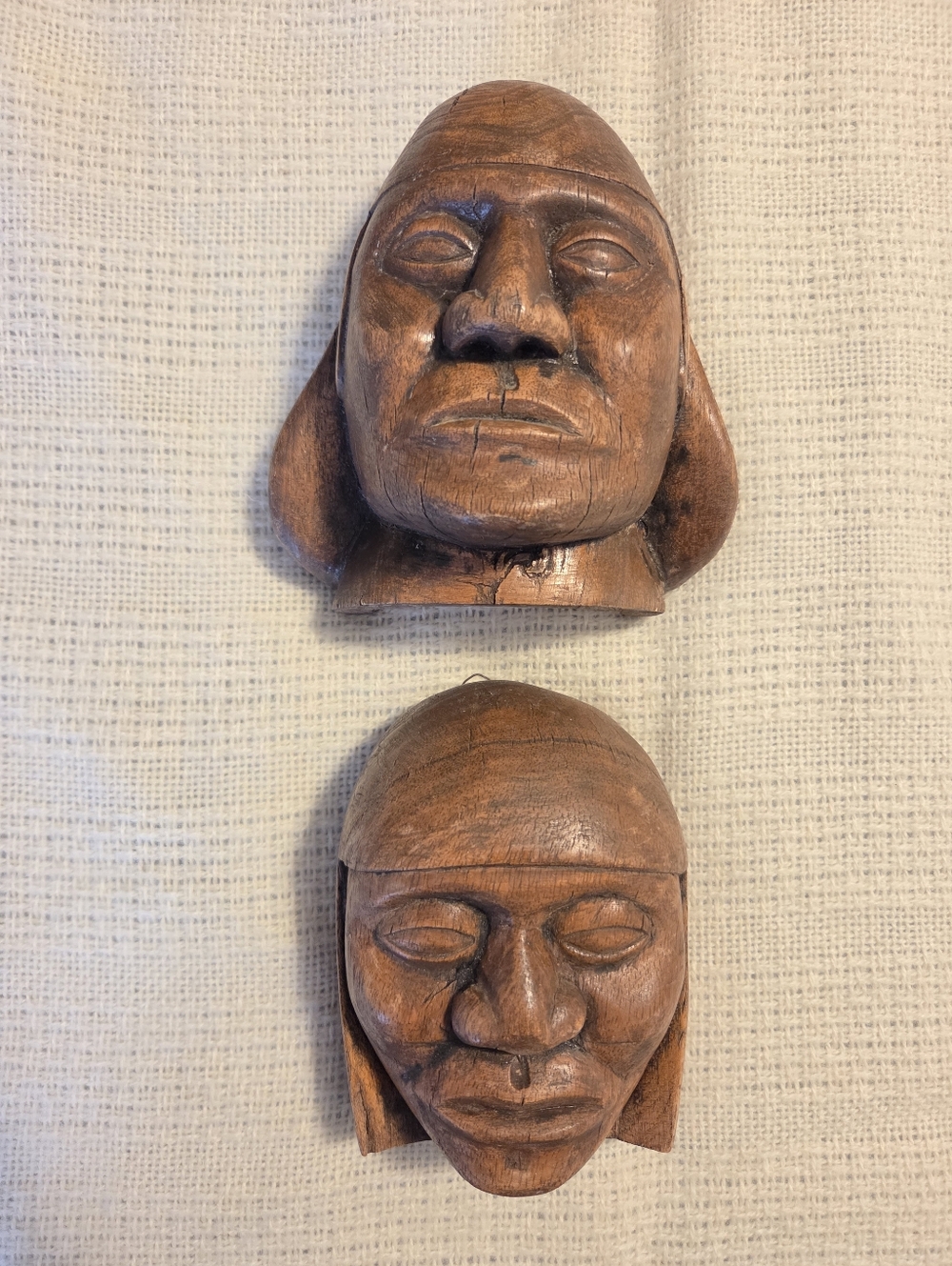 Wood Carved Wall Hangings Pair Of Heads Man Woman Folk Art Tribal Marriage